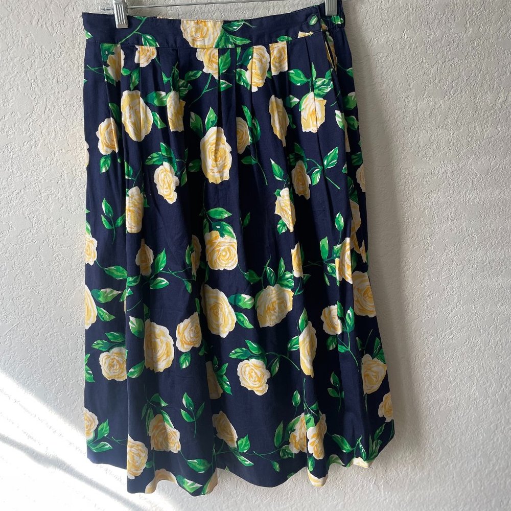Vintage 90s Navy Midi Skirt Yellow Rose Print